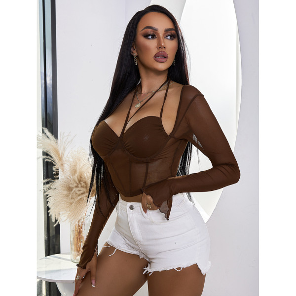 Neck hanging, navel exposed, pullover, trendy, sexy, chest wrapped, perspective, mesh long sleeves