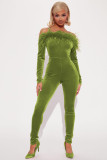 Autumn Winter Velvet Feather Off Shoulder Slim Jumpsuit