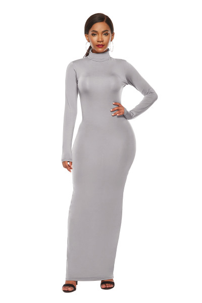 Fashion solid color long skirt long sleeve stretch fitting high neck dress
