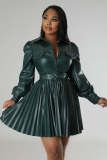 Autumn and winter commuting fashion PU pleated dress