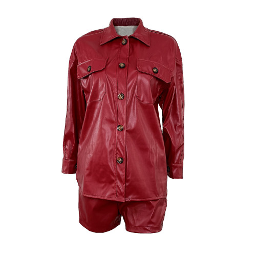Two piece buckle long sleeve faux leather casual shorts
