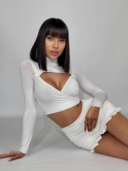 Sexy hollow out long sleeve hip wrap skirt pleated open navel two-piece set