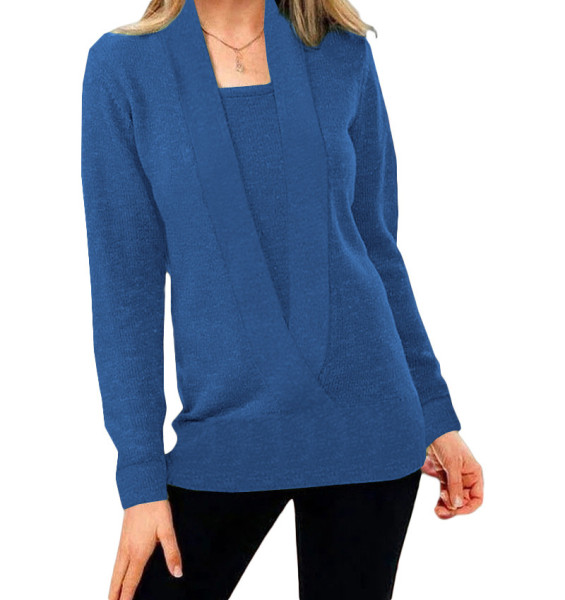 Knitted solid color deep V-neck long sleeve false two-piece sweater women's top