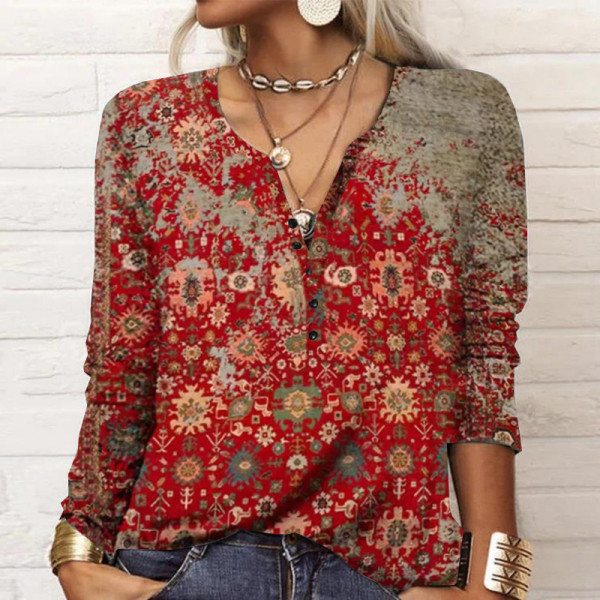 Women's long sleeve printed national fashion T-shirt