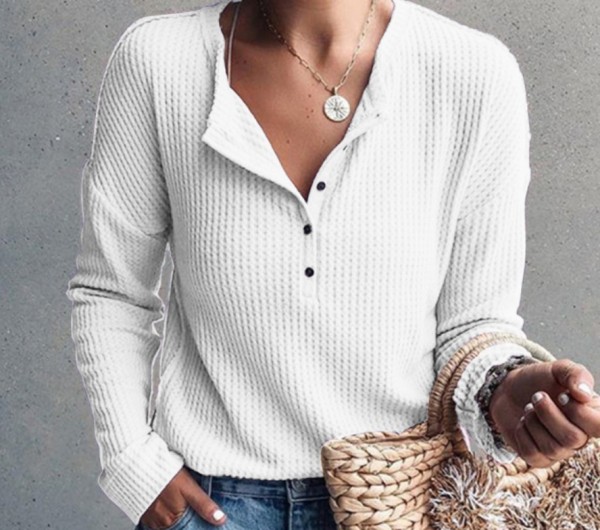 Women's Waffle Solid Single breasted Long Sleeve