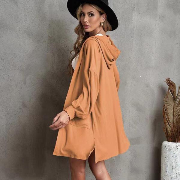 Long Pocket Hooded Solid Long Sleeve Cardigan Women's Dress