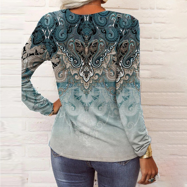 Women's long sleeve printed national fashion T-shirt