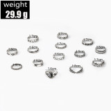 Personality Retro Fashion Ring Yin Yang Embossed Elephant Geometric Ring 14 piece Set