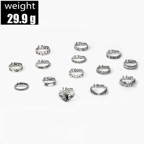 Personality Retro Fashion Ring Yin Yang Embossed Elephant Geometric Ring 14 piece Set