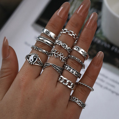 Personality Retro Fashion Ring Yin Yang Embossed Elephant Geometric Ring 14 piece Set