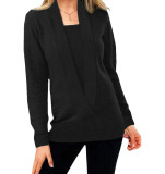 Knitted solid color deep V-neck long sleeve false two-piece sweater women's top
