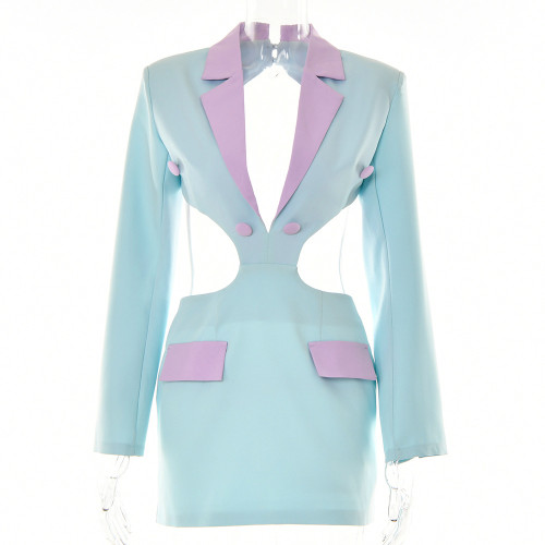 Women's color matching lapel backless dress sexy waist revealing long sleeve short skirt
