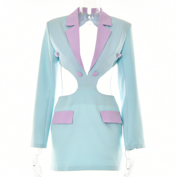 Women's color matching lapel backless dress sexy waist revealing long sleeve short skirt