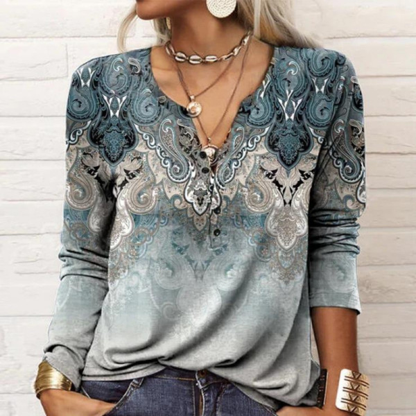 Women's long sleeve printed national fashion T-shirt