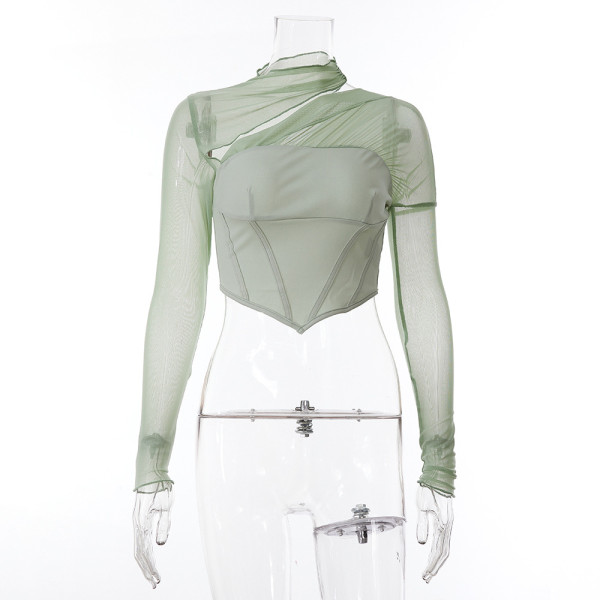 Sexy slim fitting T-shirt women's mesh splicing hollow long sleeve open navel pullover