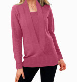 Knitted solid color deep V-neck long sleeve false two-piece sweater women's top