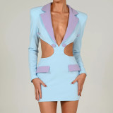 Women's color matching lapel backless dress sexy waist revealing long sleeve short skirt