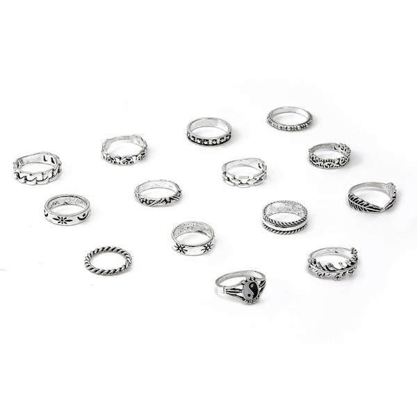 Personality Retro Fashion Ring Yin Yang Embossed Elephant Geometric Ring 14 piece Set