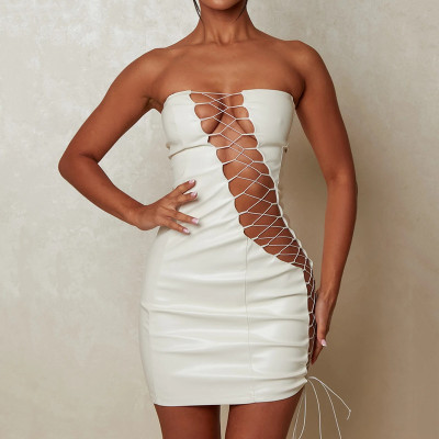 Women's sleeveless bodice tight PU leather short skirt fashionable sexy hollow strap hip wrap skirt