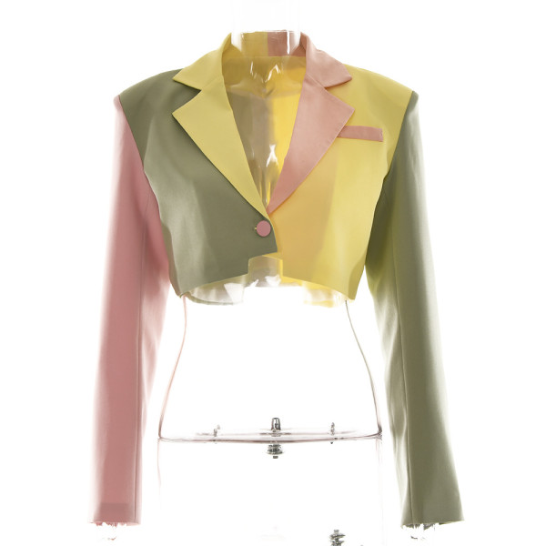 Women's sexy color blocking small suit button long sleeve suit short coat