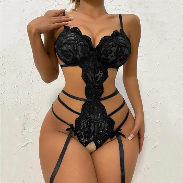 Sexy Lace Open Crotch Strap Perspective Bodysuit