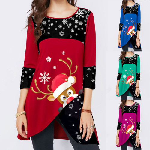 Women's t-shirt Christmas snowflake elk print long sleeve round neck Christmas women's dress