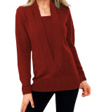 Knitted solid color deep V-neck long sleeve false two-piece sweater women's top
