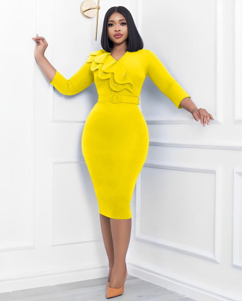 Women's dress Elegant double layer collar beaded skirt with belt