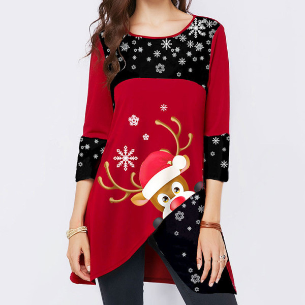 Women's t-shirt Christmas snowflake elk print long sleeve round neck Christmas women's dress