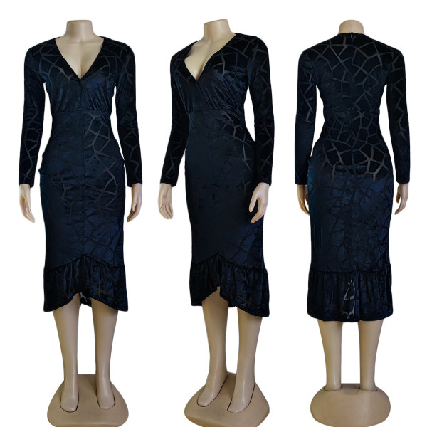Sexy V-neck slim long sleeve hip wrap dress