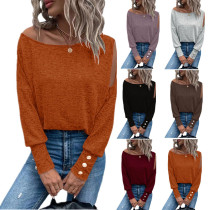 Women's solid color fashion off shoulder cuffs with buttons T-shirt Women's solid color fashion off shoulder cuffs with buttons T-shirt
