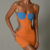 Women's color contrast patchwork suspender dress sexy waist design skirt
