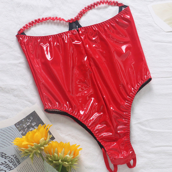 High grade PU imitation leather sexy lingerie women's pure desire to seduce perspective outfit backless one-piece tights