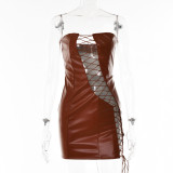 Women's sleeveless bodice tight PU leather short skirt fashionable sexy hollow strap hip wrap skirt