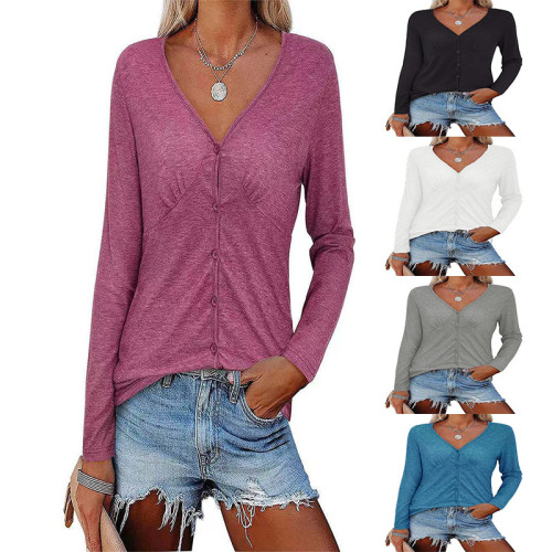 Solid single breasted cardigan pleated long sleeve