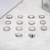 Personality Retro Fashion Ring Yin Yang Embossed Elephant Geometric Ring 14 piece Set