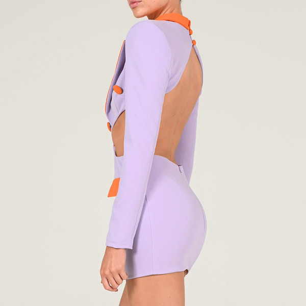 Women's color matching lapel backless dress sexy waist revealing long sleeve short skirt