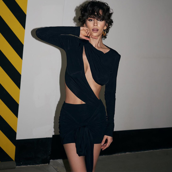 Sexy Spice Girl Hollow out Design Lace up Short Dress Waist revealing Long Sleeve Fake Two Piece Dress