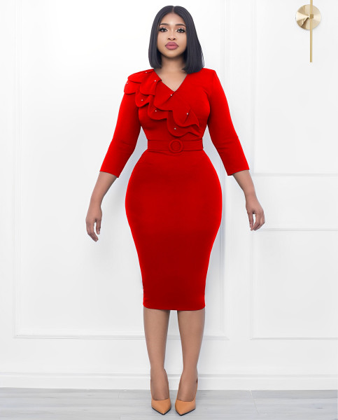 Women's dress Elegant double layer collar beaded skirt with belt