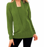 Knitted solid color deep V-neck long sleeve false two-piece sweater women's top