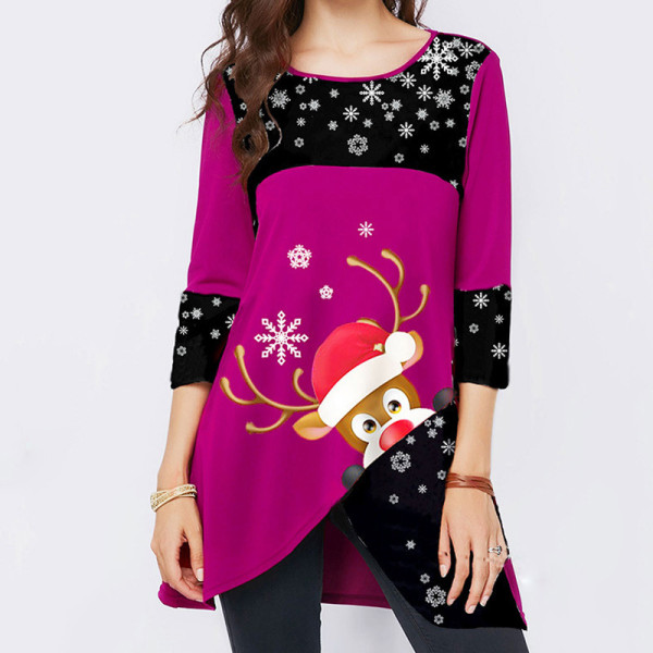 Women's t-shirt Christmas snowflake elk print long sleeve round neck Christmas women's dress