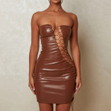 Women's sleeveless bodice tight PU leather short skirt fashionable sexy hollow strap hip wrap skirt