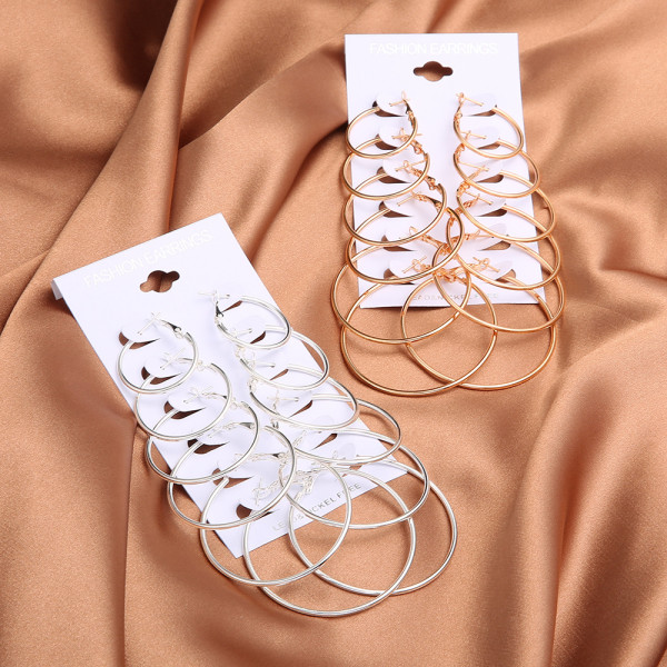Versatile Simple Fashion Exaggerated Nightclub Circle Color Mix Multi piece 6-pair Size Circle Earring Set