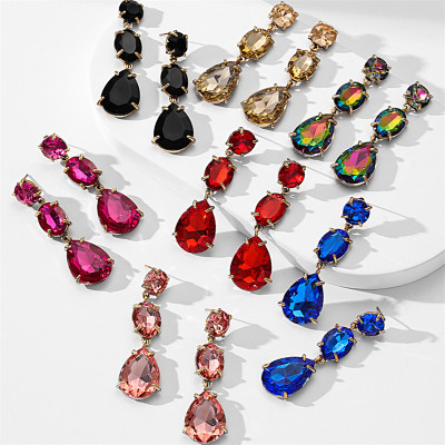 Fashion color diamond alloy inlaid diamond drop shaped long earrings