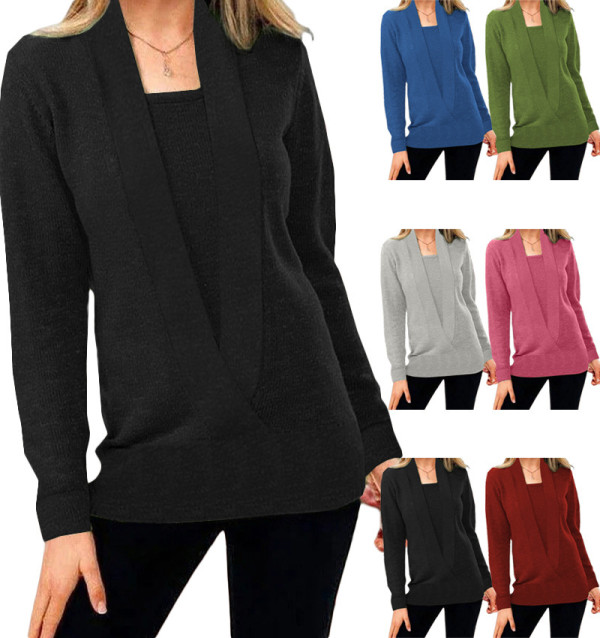 Knitted solid color deep V-neck long sleeve false two-piece sweater women's top