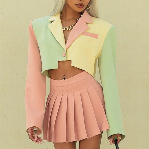 Women's sexy color blocking small suit button long sleeve suit short coat