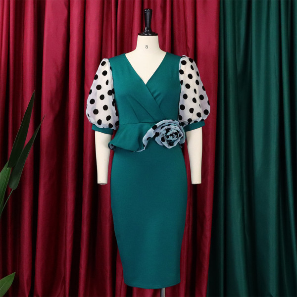Large V-neck mesh stitching waistband elegant foreign trade dress