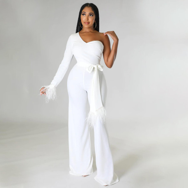 Women's fashion sexy wide leg pants One shoulder tassel jumpsuit