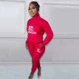 Printed letter plush pullover zipper casual sports suit