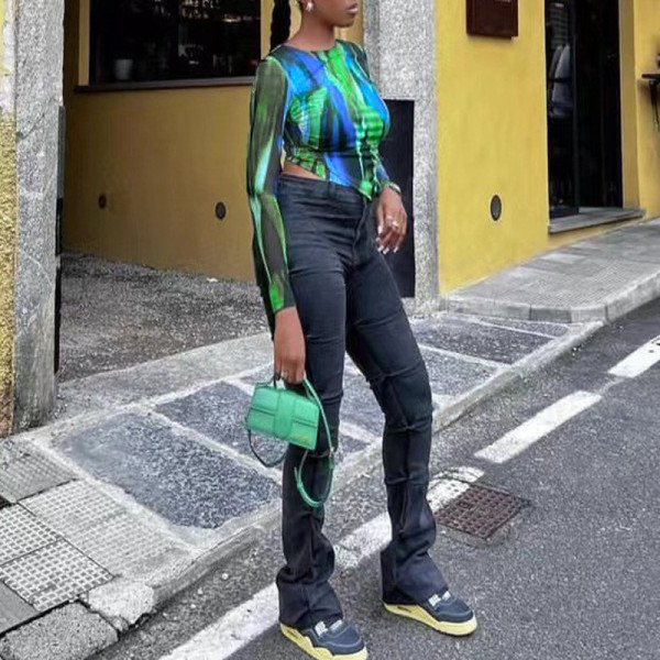 Green printed T-shirt wide leg pants fashionable casual two-piece set
